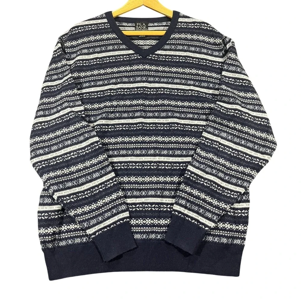 JOS A BANK Mens L V-Neck Fair Isle Sweater 80 Lambswool Navy White